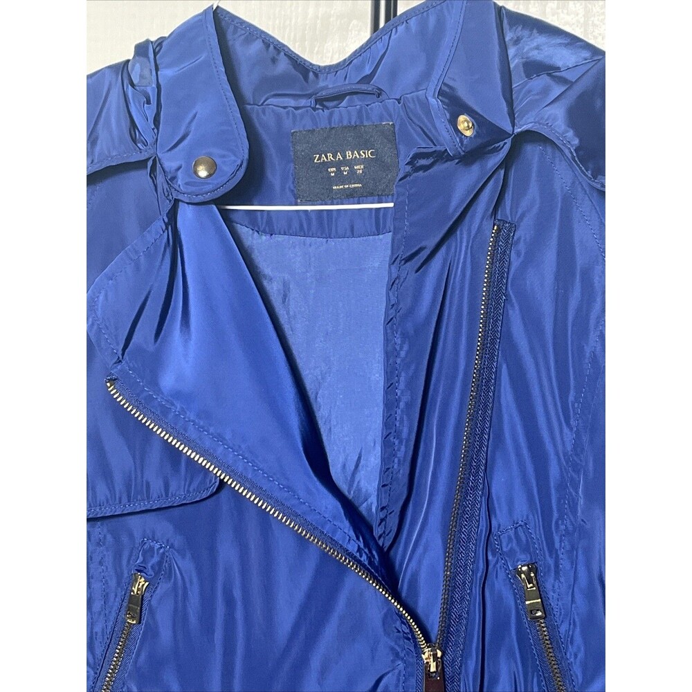 Zara Lightweight Windbreaker Blue Jacket Hood Zipper Snap Buttons Women’s Medium - Picture 5 of 9